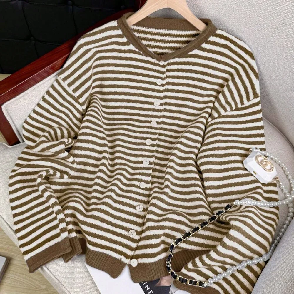 Brown Casual Women's Vivid Style Street Striped Knit Cardigan sweater - Picture 3 of 7